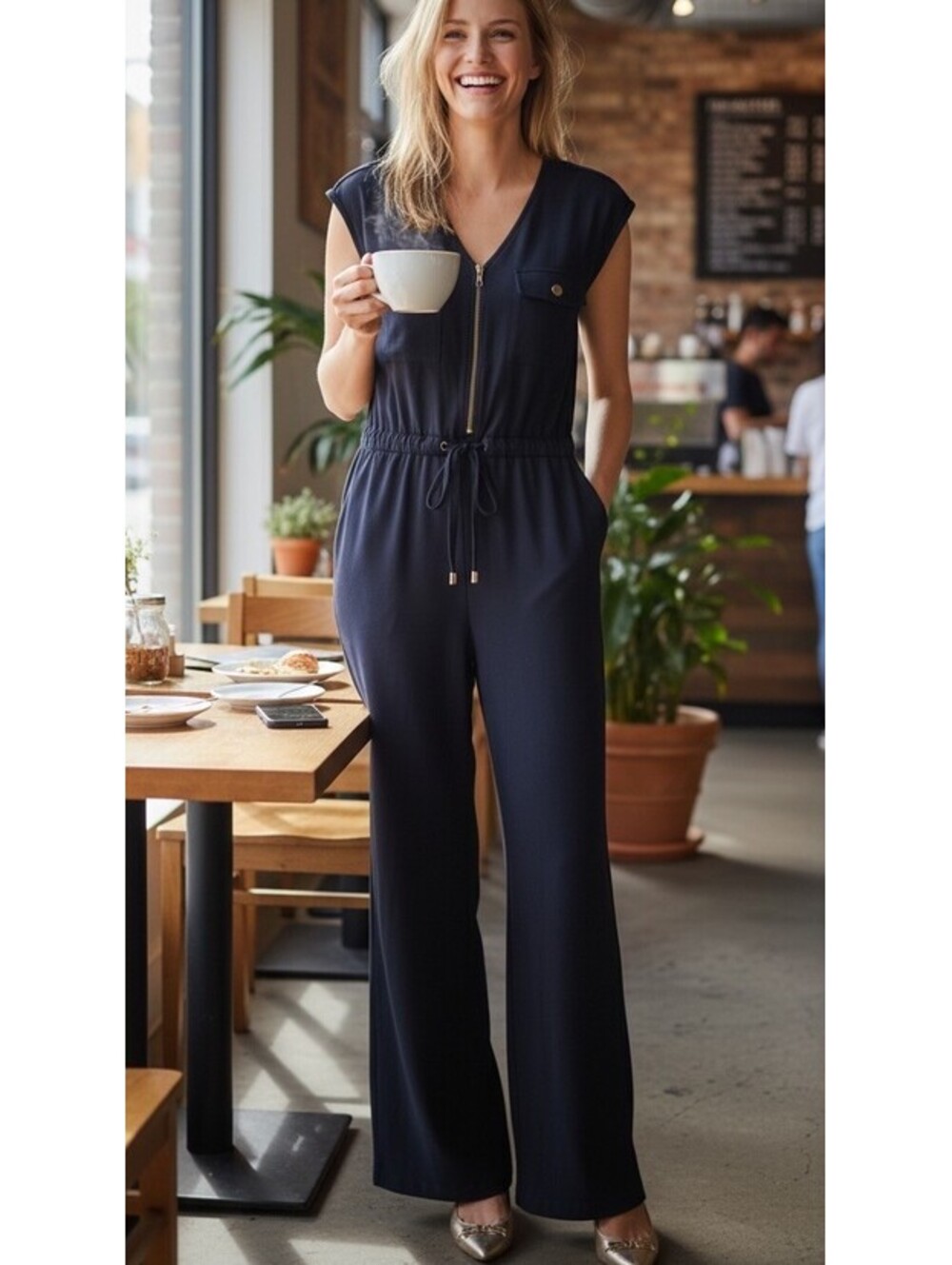 Emma & Michele Wide Leg Jumpsuit Navy stretch Size M [COPY]